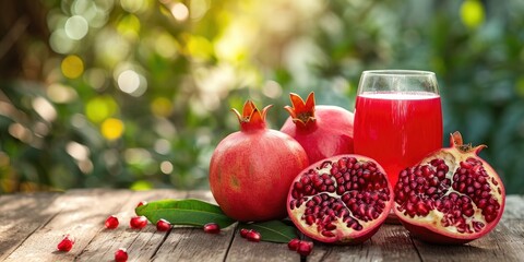 Pomegranates and a glass of juice on a wooden table - obrazy, fototapety, plakaty