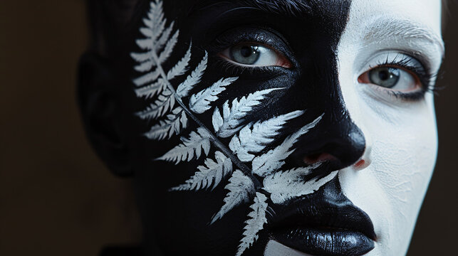 Portrait of a beautiful New Zealand fan, with her face painted in the colors of All Blacks flag and the silver fern symbol. National pride, rugby fans and enthusiasm concept.
