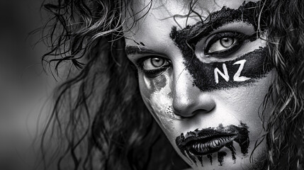 Portrait of a beautiful New Zealand fan, with her face painted in the colors of All Blacks flag and the 'NZ' symbol. National pride, rugby fans and enthusiasm concept.