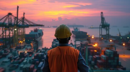 Backview of an engineer in orange safety vest and hard hat at busy port full with ships and containers at sunset or dawn - obrazy, fototapety, plakaty