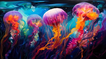 Oil is used to abstract the colors of underwater jellyfish. - obrazy, fototapety, plakaty