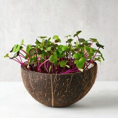 A coconut bowl filled with green and purple sprouts.