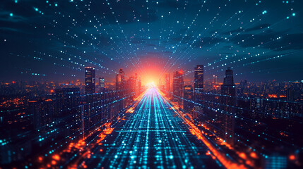 Enter a digital city powered by high-speed information and smart grid technology. A vision of a connected society blending urban and rural areas, enhanced by hand-edited generative AI.