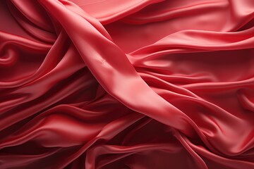 Red crumpled silk fabric with folds and waves