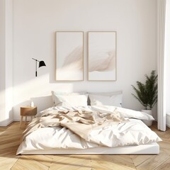 Fototapeta na wymiar Bright and Airy Bedroom with Neutral Colors and Natural Textures