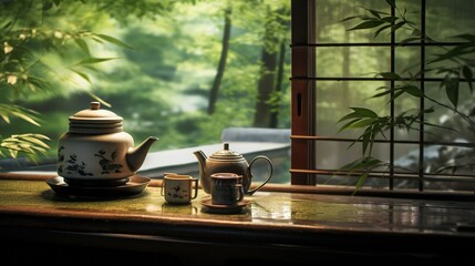 A tea ceremony set in a traditional Japanese tea house, with a blurred bamboo garden in the background - obrazy, fototapety, plakaty