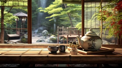 A tea ceremony set in a traditional Japanese tea house, with a blurred bamboo garden in the background