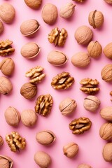 walnuts and nuts and seeds are floating over ultra bright pastel pink background