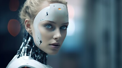 A detailed portrait of a humanoid robot with expressive eyes, conveying a sense of intelligence and curiosity.