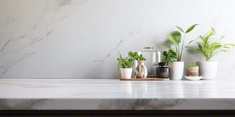 Elegant modern kitchen backdrop with blurry marble tabletop.