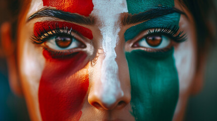 Portrait of a beautiful Italian fan, with her face painted in the colors of the Italian flag. National pride, sports fans and enthusiasm concept. World Cups, Olympics and soccer fan. - obrazy, fototapety, plakaty