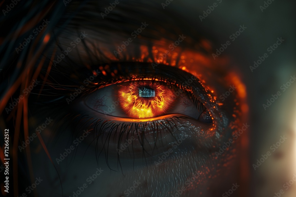 Wall mural woman's red eye in the dark. piercing eyes orange fire. burning demonic eyes. vampire. fiery mysteri