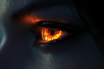Woman's red eye in the dark. Piercing eyes Orange Fire. Burning demonic eyes. Vampire. Fiery Mysterious. Magic, secrecy, mysticism, visual effect. Hypnosis, power of sight. Look. Close up. Game art - obrazy, fototapety, plakaty