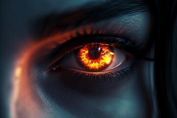 Woman's red eye in the dark. Piercing eyes Orange Fire. Burning demonic eyes. Vampire. Fiery Mysterious. Magic, secrecy, mysticism, visual effect. Hypnosis, power of sight. Look. Close up. Game art