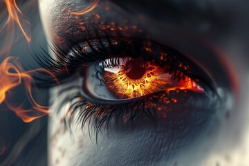 Woman's red eye in the dark. Piercing eyes Orange Fire. Burning demonic eyes. Vampire. Fiery Mysterious. Magic, secrecy, mysticism, visual effect. Hypnosis, power of sight. Look. Close up. Game art - obrazy, fototapety, plakaty