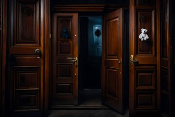 An old Wooden Appartement door with stuffed animals,