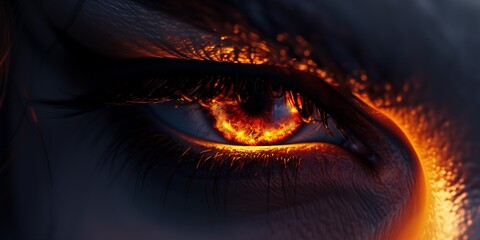 Woman's red eye in the dark. Piercing eyes Orange Fire. Burning demonic eyes. Vampire. Fiery Mysterious. Magic, secrecy, mysticism, visual effect. Hypnosis, power of sight. Look. Close up. Game art