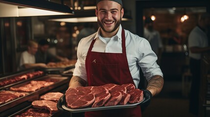 A butcher dressed in workwear carrying a box filled with meat pieces while standing in the middle of carcasses with a cheerful demeanor. - obrazy, fototapety, plakaty