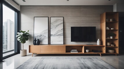  Interior of living room with wooden sideboard over granite wall. Modern room with TV screen