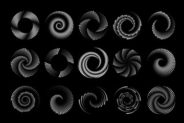 Swirl dotted halftone icons. Vortex digital futuristic logos set. Vector geometric shapes.