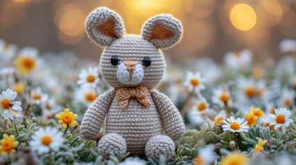 A crocheted bunny sitting in a field of flowers. Handcrafted knitted miniature toy.