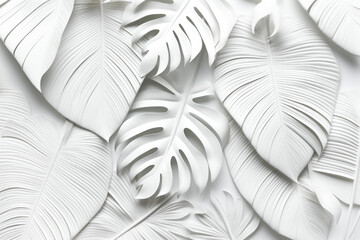 Collection of tropical leaves in white color. Abstract leaf decoration design background - obrazy, fototapety, plakaty