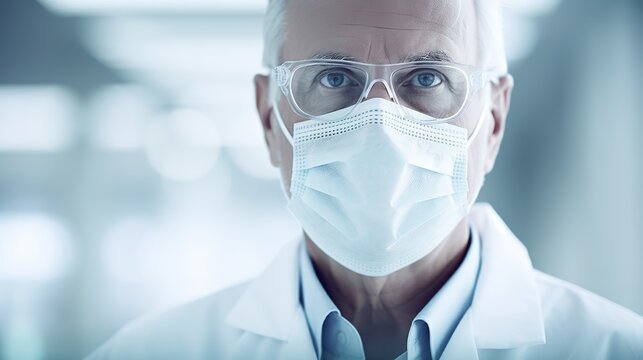 A close-up image of a scientist clad in masks.