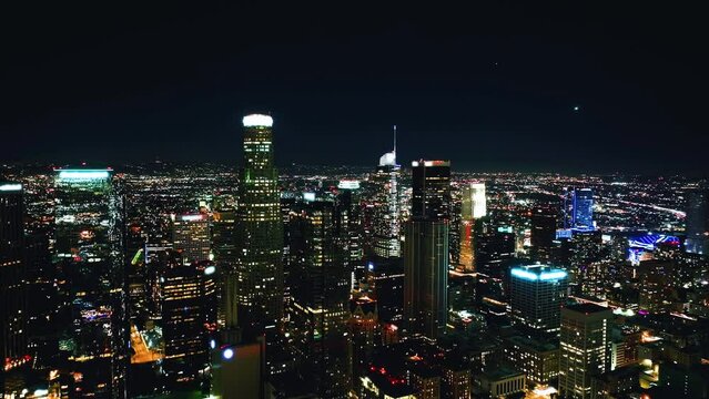 City of Los Angeles at night. Aerial shot of downtown skyline. 