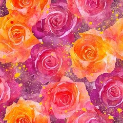 **Watercolor seamless rose pattern, multicolored splash effect, alternating golden yellow speckled dust style raw** Ai generative