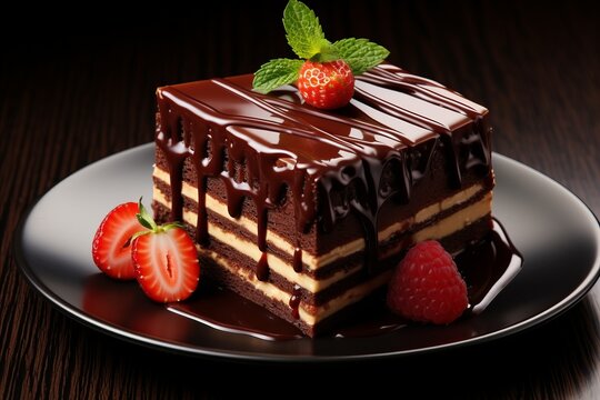 Chocoholics Delight. Decadent Chocolate Dessert with Fresh Strawberries and Raspberries