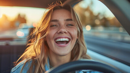Young woman smiling inside a car