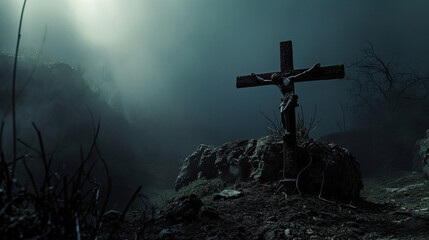 Jesus is hanging on the cross as darkness covers the earth