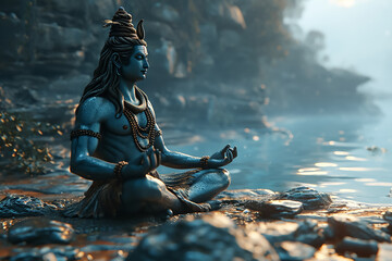 Beautiful statue of Lord Shiva near the bank of Ganga - obrazy, fototapety, plakaty