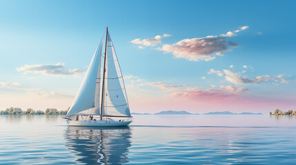 Sailboat on open water with a background of pink and blue sky