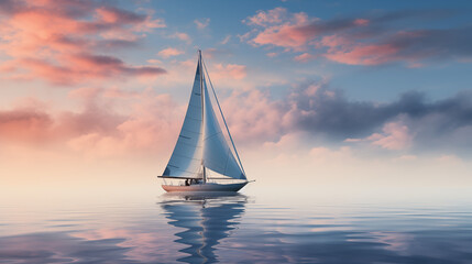 Fototapeta premium Sailboat on open water with a background of pink and blue sky