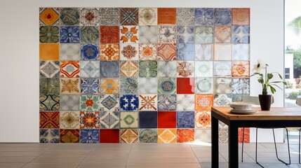 A wall decorated with mosaic tiles in a classic style
