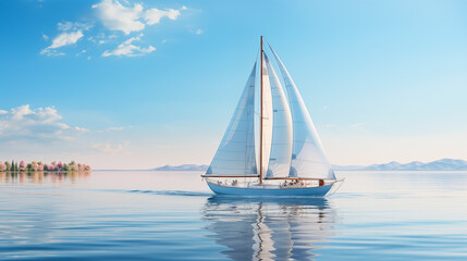 Sailboat on open water with a background of pink and blue sky