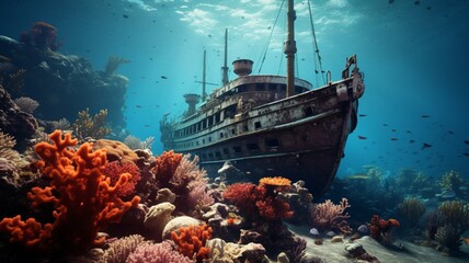Abandoned old shipwreck tropical waters home photography image Ai generated art - obrazy, fototapety, plakaty