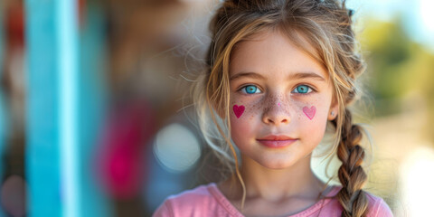 Fototapeta na wymiar Ein kleines Mädchen in einem rosafarbenen Oberteil mit Herzen auf der Wange