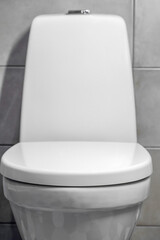 Close up view of the toilet bowl and seat in bathroom. White clean ceramic flush toilet.
