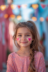 Ein kleines Mädchen in einem rosafarbenen Oberteil mit Herzen auf der Wange