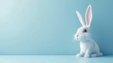 White cute fluffy rabbit on pastel blue background. Easter day.
