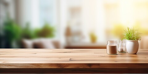 Blurred living room background with wooden table in front. - obrazy, fototapety, plakaty