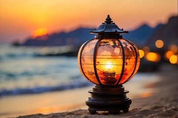 Chinese lamp with light decoration at beach night sunset