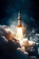 Space Rocket Flies in Space on Background of the Planet Earth. Successful Start of the Mission. Concept of space exploration, Satellite Launch, Flight to the Moon, Cosmonautics day. Vertical Banner