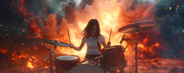 a woman plays drums in front of an explosion, generative AI