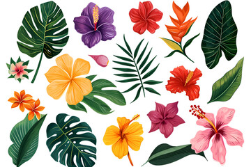 A vibrant tropical botanical illustration with a variety of flowers and leaves