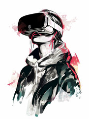 Drawing of a girl wearing virtual reality headset. AI generated image