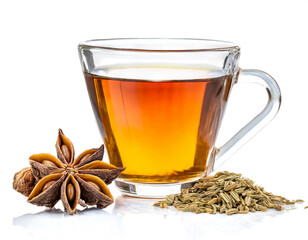 Anis K&uuml;mmel Fenchel Tee im glas isoliert auf wei&szlig;en Hintergrund, Freisteller