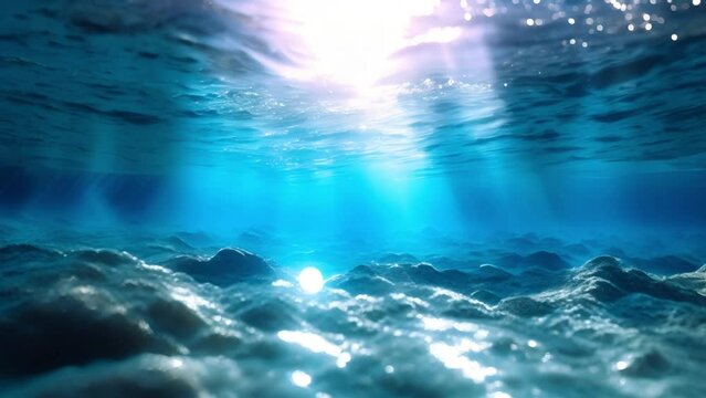 Blue clear underwater ocean. Sun light beams shining from above coming through the deep clear blue water causing a beautiful water lighting reflections curtain. Magical underwater world landscape